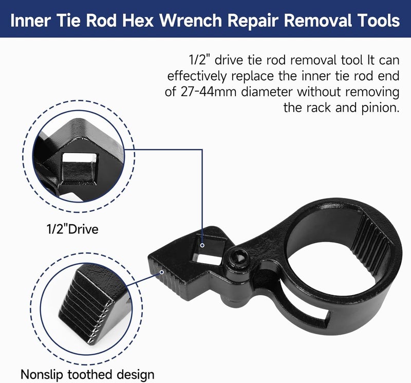 YZMLOL Inner Tie Rod Removal Tool Kit,Universal 3/8'' Inner Tie Rod U-Wrench Tool and 27-44mm Tie Rod End Hex Wrench Tool with 1/2" Drive for Most Vehicles Inner Tie Rod Removal and Installation. - Image 5